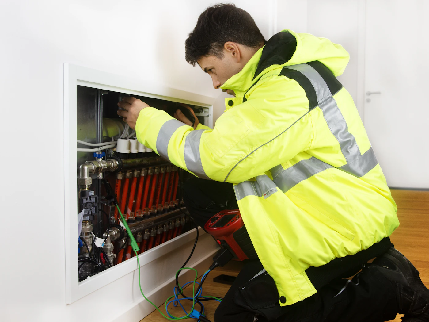 Een monteur in een geel werkjack stelt een vloerverwarmingsverdeler af